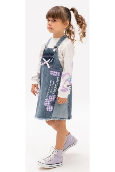 Kız Çocuk Oyuncak Tavşan Detaylı Uzun Kol Badili Yazı Resim Desenli Mavi Renk Kot Jile Elbise - 3