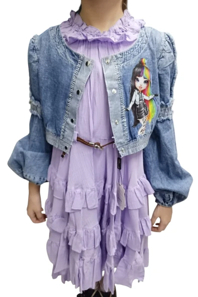 Kız Çocuk Yakası Fırfır Detaylı Kot Ceketli Lila Renk İkili Takım Elbise