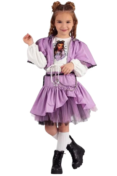 Kız Çocuk Uzun Kol Badili Fermuar Kapama Yelekli Aksesuarlı Üçlü Etekli Takım