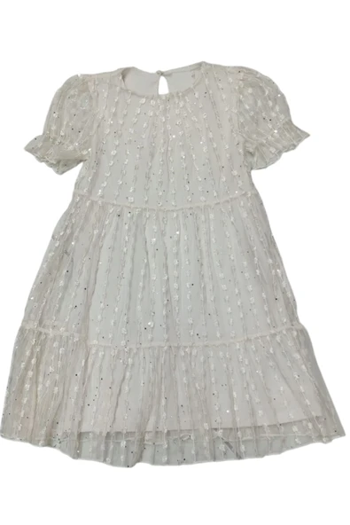 Kız Çocuk Çiçek Desenli Astarlı Midi Boy Ekru Elbise