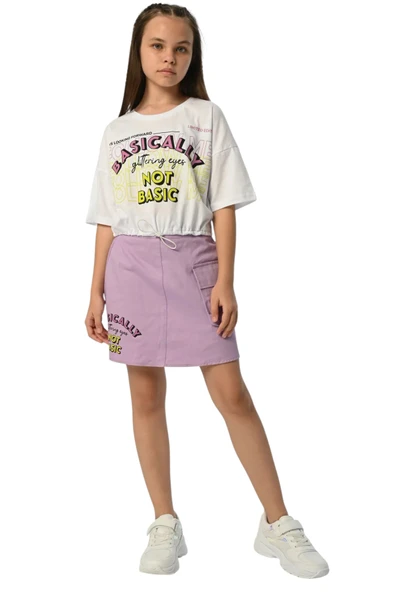 Kız Çocuk Basically Yazılı Crop Tişört Etek Takımı - 3