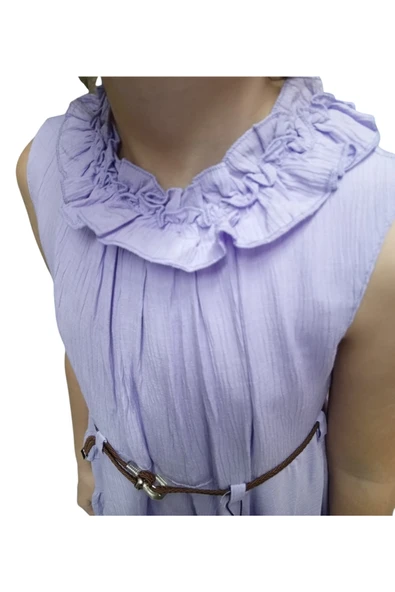 Kız Çocuk Yakası Fırfır Detaylı Kot Ceketli Lila Renk İkili Takım Elbise - 4