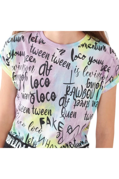 Kız Çocuk Future Yazı Desenli Crop Model Tişört Zincir Detaylı Lila Renk Şortlu Takım 2827 - 4