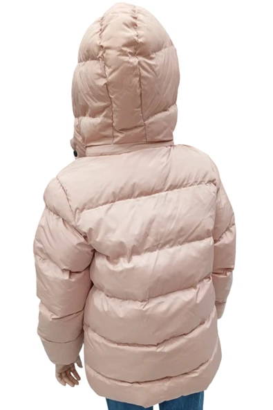 Kız Çocuk Kapüşonu Çıkabilen Fermuar Kapamalı Beli İp Bağlamalı İçi Peluş Astarlı Pembe Mont - 2