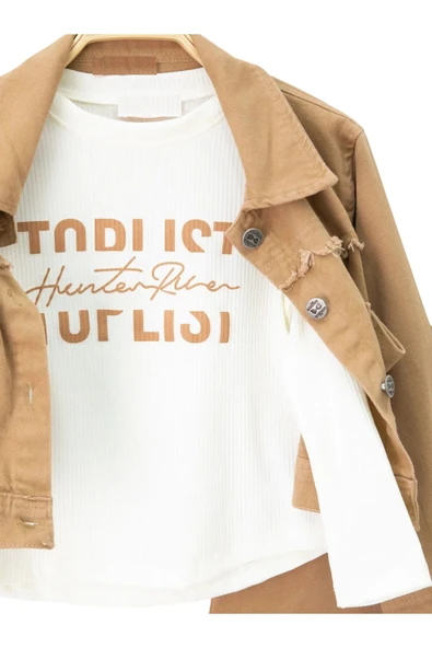 Kız Çocuk Kahverengi Gabardin Ceket Pantolon Badili Üçlü Takım - 3