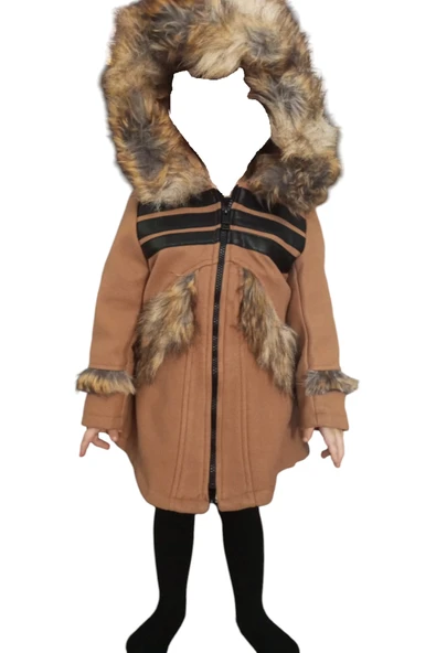 Kız Çocuk Kürk Detaylı Kapüşonlu Kahverengi Kaşe Mont - 2