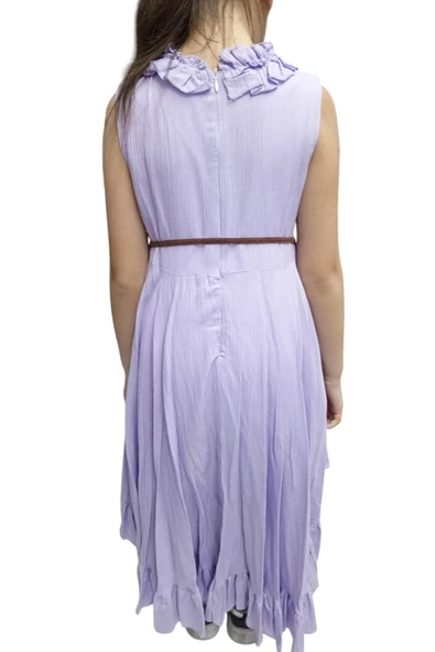 Kız Çocuk Yakası Fırfır Detaylı Kot Ceketli Lila Renk İkili Takım Elbise - 5