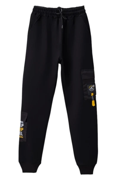 Erkek Çocuk /Kız Çocuk Yazılı Çift Kargo Cepli Siyah Eşofman Altı 3007