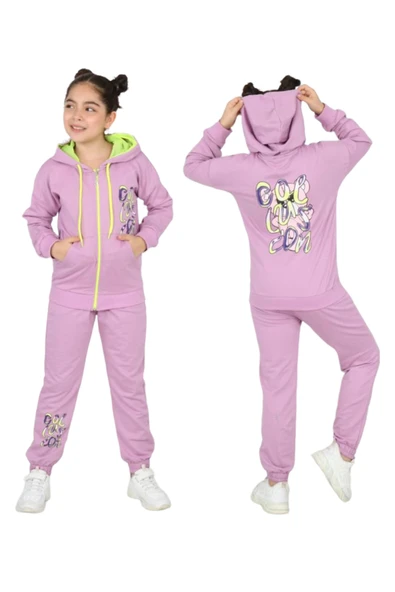 Kız Çocuk Çift Taraf Desenli Fermuarlı Eşofman Takımı