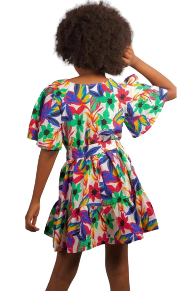 Kız Çocuk Bürümcük Kumaş Çiçek Desenli Omuz Aksesuar Detaylı Beli Lastikli Kuşaklı Renkli Elbise - 2