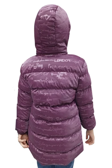 Kız Çocuk Yazı Desenli Kapüşonu Çıkabilen İçi Peluş Astarlı Mürdüm Renk Mont - 2