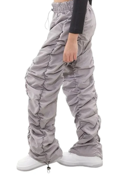 Kız Çocuk Şerit Dikişli Gri Renk Tarz Paraşüt Kumaş Pantolon - 3