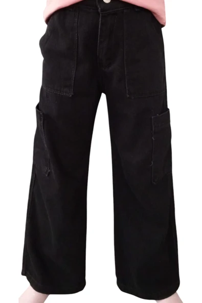 Kız Çocuk Beli Lastikli Komando Cep Bol Paça Model Siyah Renk Kot Pantolon