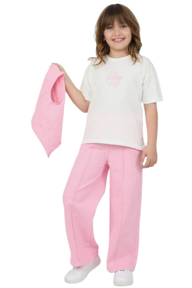 Kız Çocuk Pembe Yelekli Tişört Pantolon Üçlü Takım - 2