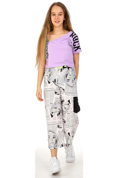 Kız Çocuk Rock Yazılı Tek Omuz Model Gazete Desenli Kaprili Takım