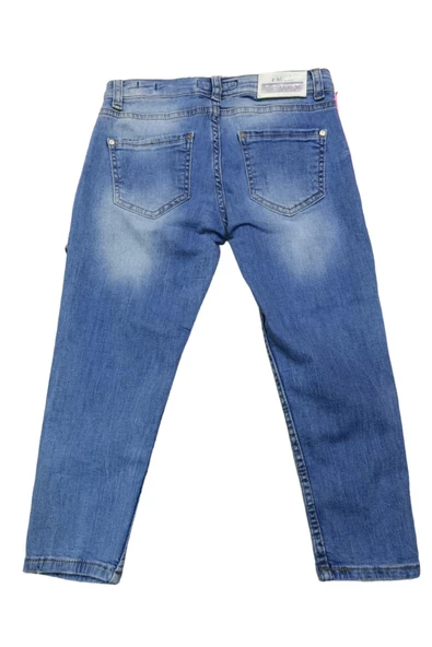 Kız Çocuk Yırtık Yıpratma Desenli Pembe Şeritli Kot Pantolon - 2