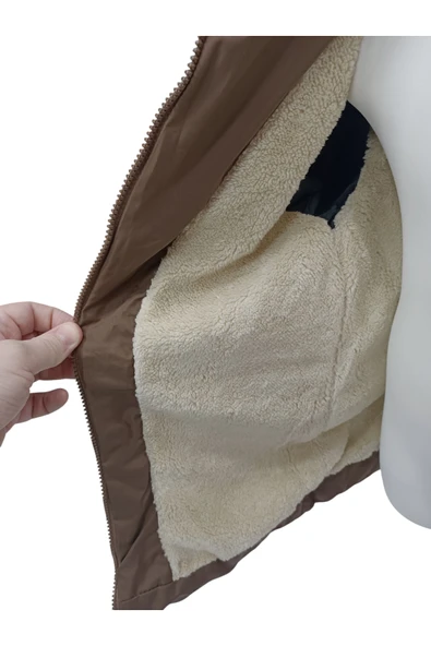 Kız Çocuk Kapüşonu Çıkabilen Fermuar Kapamalı Beli İp Bağlamalı İçi Peluş Astarlı Kahverengi Mont - 3