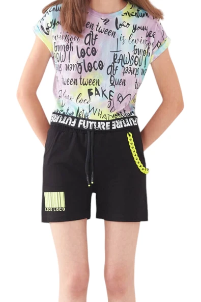 Kız Çocuk Future Yazı Desenli Crop Model Tişört Zincir Detaylı Lila Renk Şortlu Takım 2827 - 2