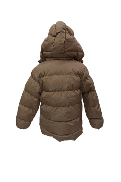 Kız Çocuk Kapüşonu Çıkabilen Fermuar Kapamalı Beli İp Bağlamalı İçi Peluş Astarlı Kahverengi Mont - 2