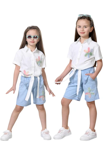 Kız Çocuk Çiçek Detaylı Gömleği Bağlamalı Kot Şortlu İkili Takım