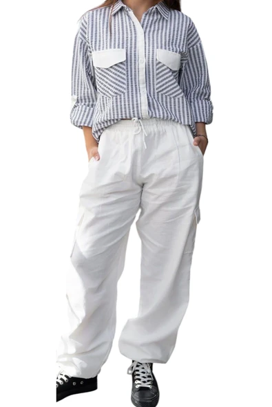 Kız Çocuk Oversize Kapak Cep Model Indigo Çizgili Katmalalı Kol Gömlek Pantolon Takımı