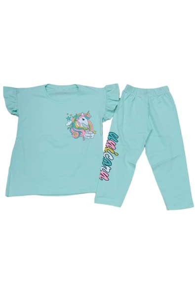 Kız Çocuk Çift Taraf Yazı Resim Desenli Su Yeşili Renk Kaprili Takım