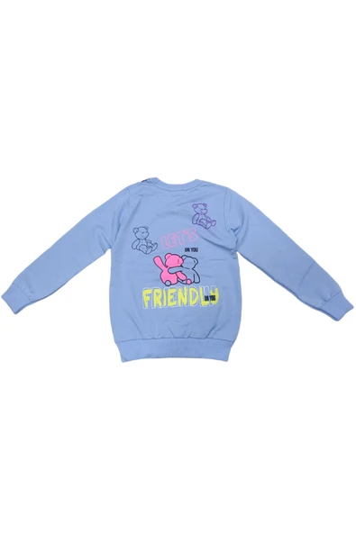 Kız Çocuk Önü Arkası Yazı Resim Desenli Açık Mavi Renk Sweatshirt - 3