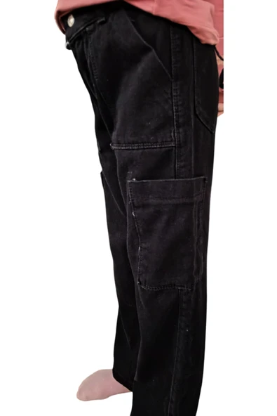 Kız Çocuk Beli Lastikli Komando Cep Bol Paça Model Siyah Renk Kot Pantolon - 3