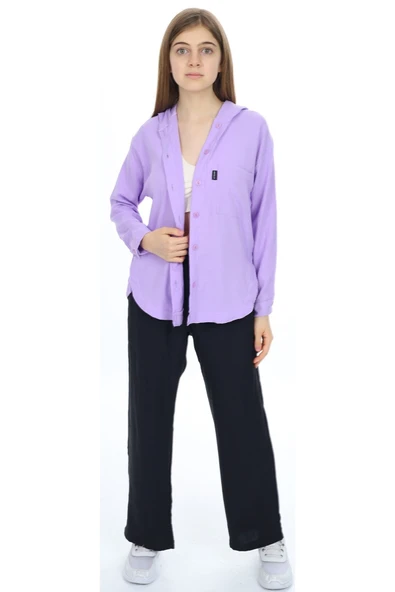 Kız Çocuk Kapüşonlu Gömlekli Lila Renk Aerobin Kumaş İkili Takım