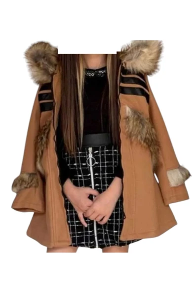 Kız Çocuk Kürk Detaylı Kapüşonlu Kahverengi Kaşe Mont