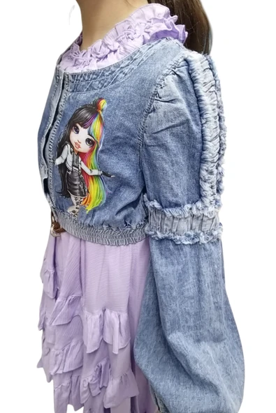 Kız Çocuk Yakası Fırfır Detaylı Kot Ceketli Lila Renk İkili Takım Elbise - 2