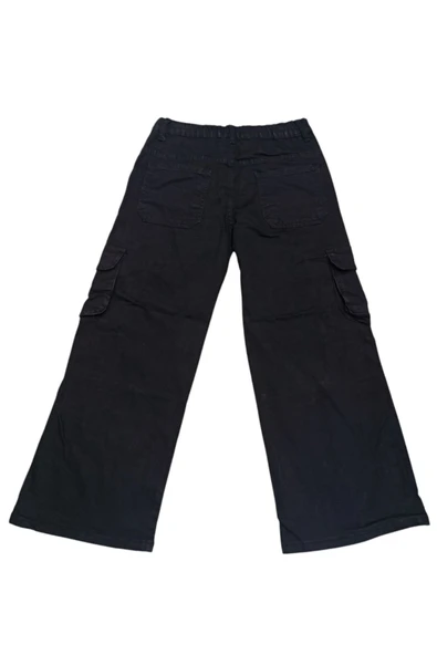 Kız Çocuk Çift Kargo Cepli Bol Paça Model Siyah Kot Pantolon - 2