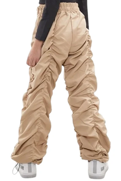 Kız Çocuk Şerit Dikişli Bej Renk Tarz Paraşüt Kumaş Pantolon - 2