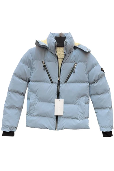 Erkek Çocuk /Kız Çocuk Çapraz Fermuar Model Kapüşonu Çıkabilen İçi Peluş Astarlı Buz Mavi Renk Mont - 1