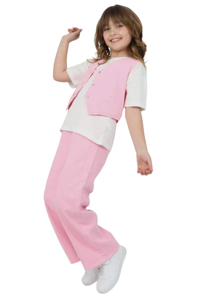 Kız Çocuk Pembe Yelekli Tişört Pantolon Üçlü Takım