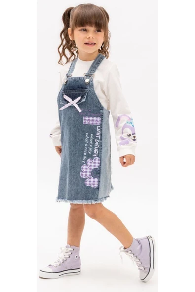 Kız Çocuk Oyuncak Tavşan Detaylı Uzun Kol Badili Yazı Resim Desenli Mavi Renk Kot Jile Elbise - 2