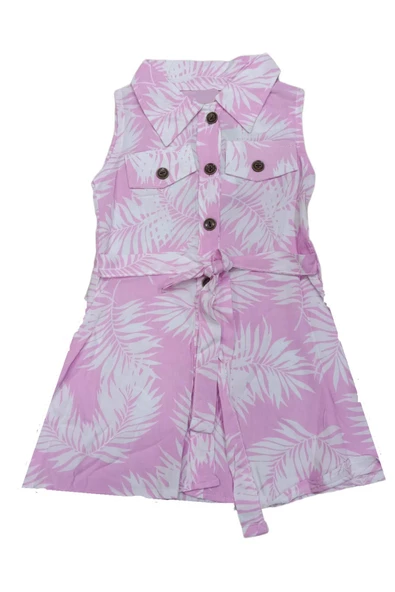 Kız Çocuk Düğmeli Sahte Cepli Beli Kuşaklı Pembe Elbise