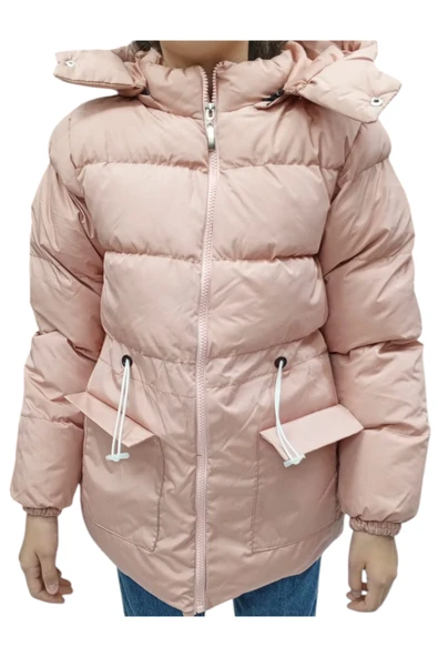 Kız Çocuk Kapüşonu Çıkabilen Fermuar Kapamalı Beli İp Bağlamalı İçi Peluş Astarlı Pembe Mont - 1