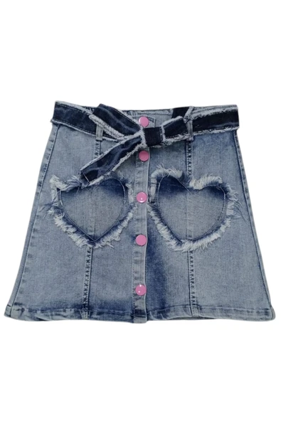 Kız Çocuk Kalp Detaylı Düğme Kapamalı Kuşaklı Kot Etek