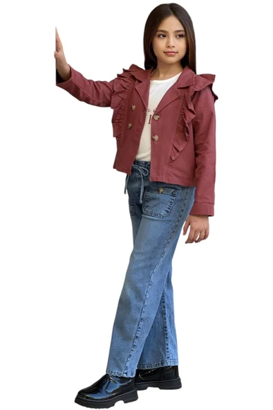 Kız Çocuk Style Yazılı Ceketi Fırfır Detaylı Kiremit Renk Ceket Tişört Kot Pantolon Takımı - 2