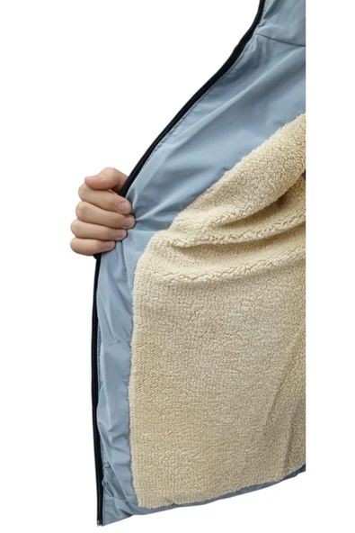 Erkek Çocuk /Kız Çocuk Çapraz Fermuar Model Kapüşonu Çıkabilen İçi Peluş Astarlı Buz Mavi Renk Mont - 5