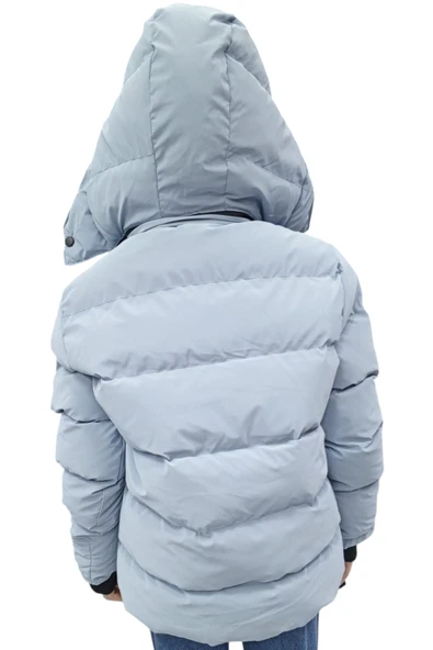 Erkek Çocuk /Kız Çocuk Çapraz Fermuar Model Kapüşonu Çıkabilen İçi Peluş Astarlı Buz Mavi Renk Mont - 4