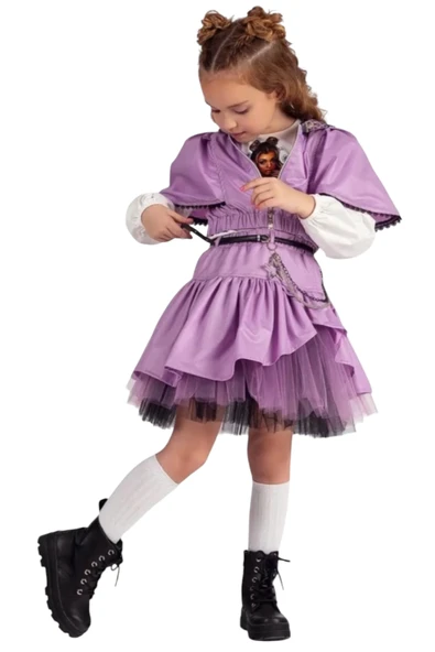 Kız Çocuk Uzun Kol Badili Fermuar Kapama Yelekli Aksesuarlı Üçlü Etekli Takım - 3