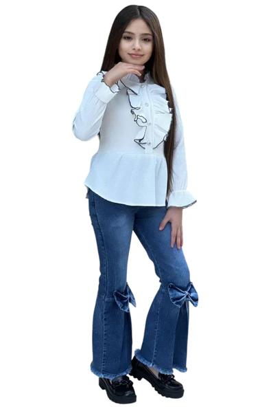 Kız Çocuk Gömleği Fırfır Pantolonu Kurdele Detaylı Gömlek Pantolon İkili Takım - 2