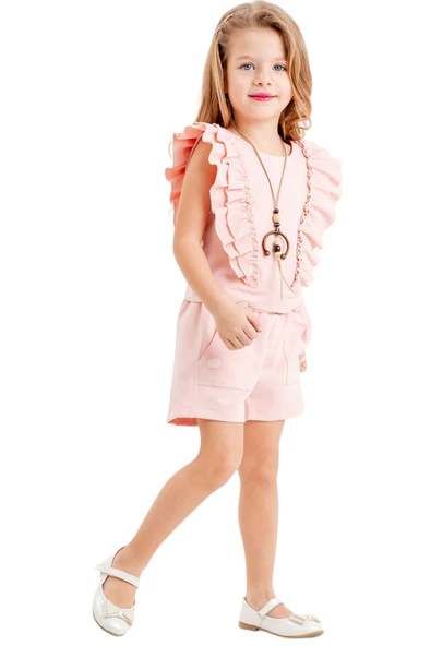 Kız Çocuk Büstiyerli Kolyeli Pudra Renk Şortlu Takım