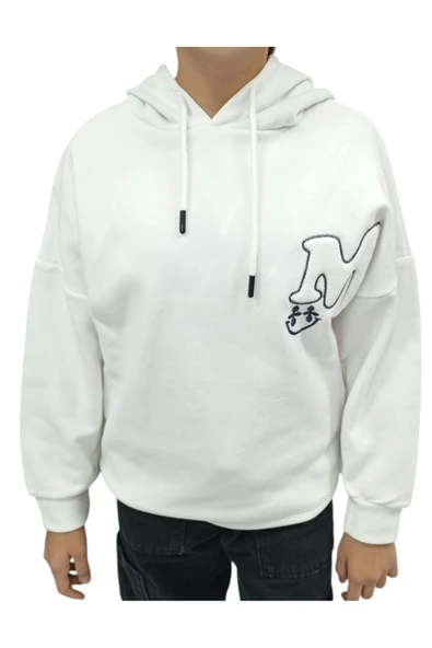 Kız Çocuk /Erkek Çocuk M Harf Nakışlı Kapüşonlu Beyaz Renk Sweatshirt