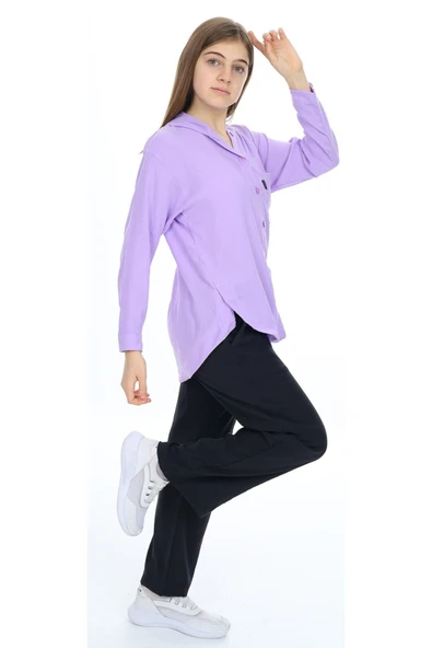 Kız Çocuk Kapüşonlu Gömlekli Lila Renk Aerobin Kumaş İkili Takım - 4