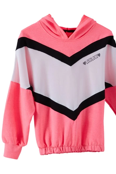 Kız Çocuk Loco Yazı Desenli Renk Bloklu Fosfor Pembe Renk Kapüşonlu Eşofman Takımı - 3