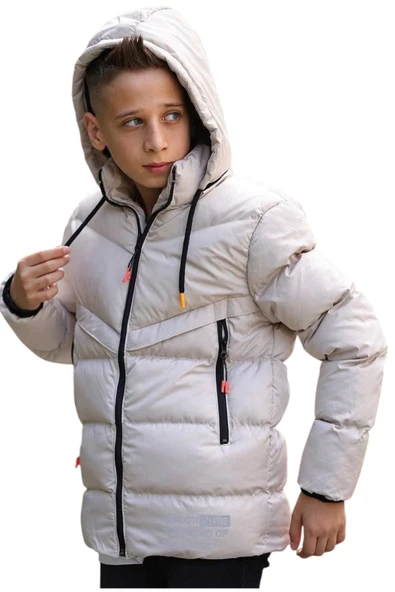 Erkek Çocuk Önü Fermuar Cepli Kapüşonu Çıkabilen Bej Renk Mont