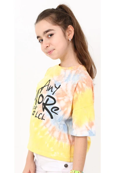 Kız Çocuk Any More Yazı Desenli Batik Crop Tişört Sarı - 2
